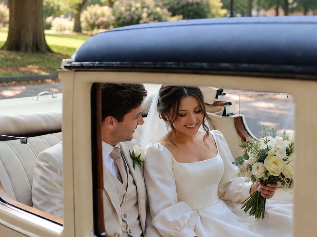 Bride and groom seated inside the 20/25 Landaulette, the bride holding a white bouquet