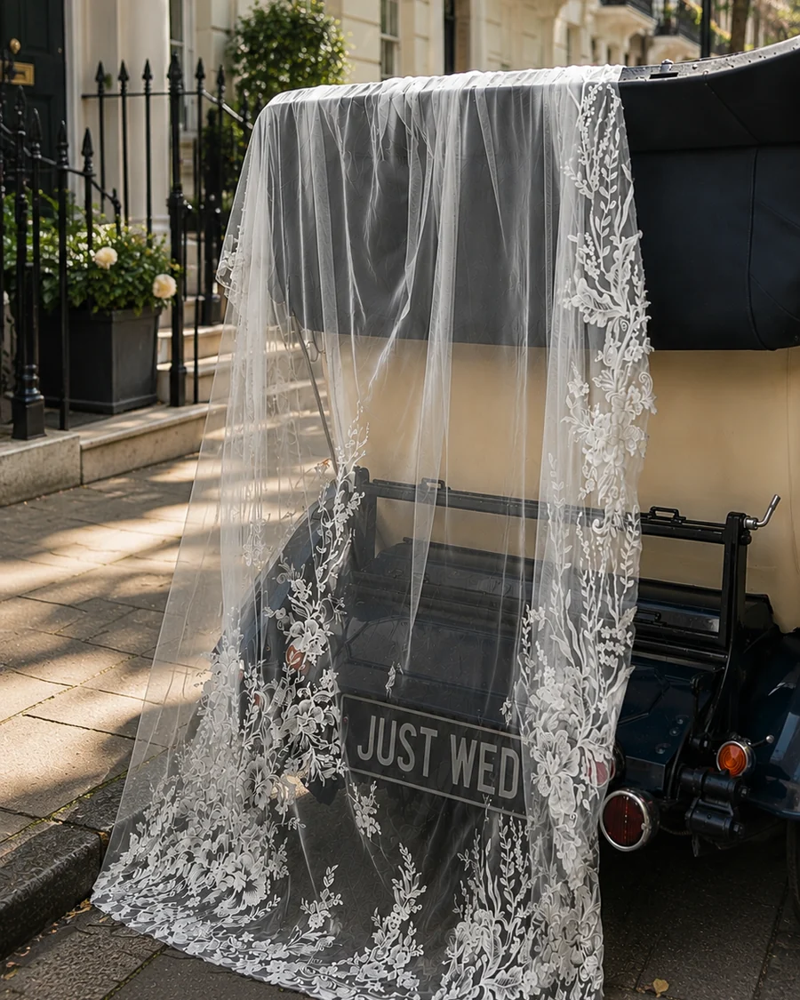 A 1930s Rolls-Royce 20/25 Landaulette draped in a lace bridal veil with a JUST WED plate, parked on a London townhouse street