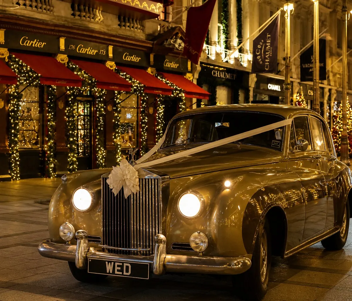 1950s Rolls-Royce Silver Cloud I decorated with white ribbons and a 'WED' plate, outside Cartier on Bond Street, London at Christmas